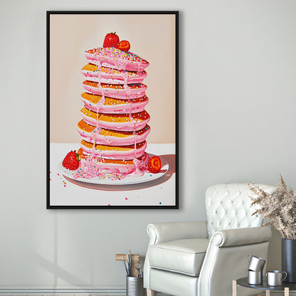 Pink Pancakes Art Print Vintage Retro Food Kitchen Art Strawberries Sprinkles , Framed Canvas Print Wall Art, Floating Frame