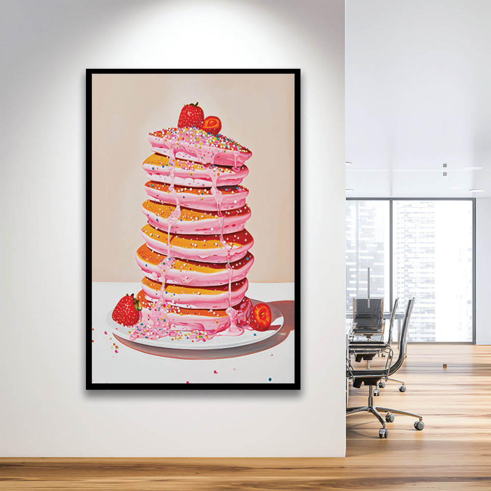 Pink Pancakes Art Print Vintage Retro Food Art Kitchen Art Strawberries Sprinkles , Framed Art Print Wall Decor, Picture Framed