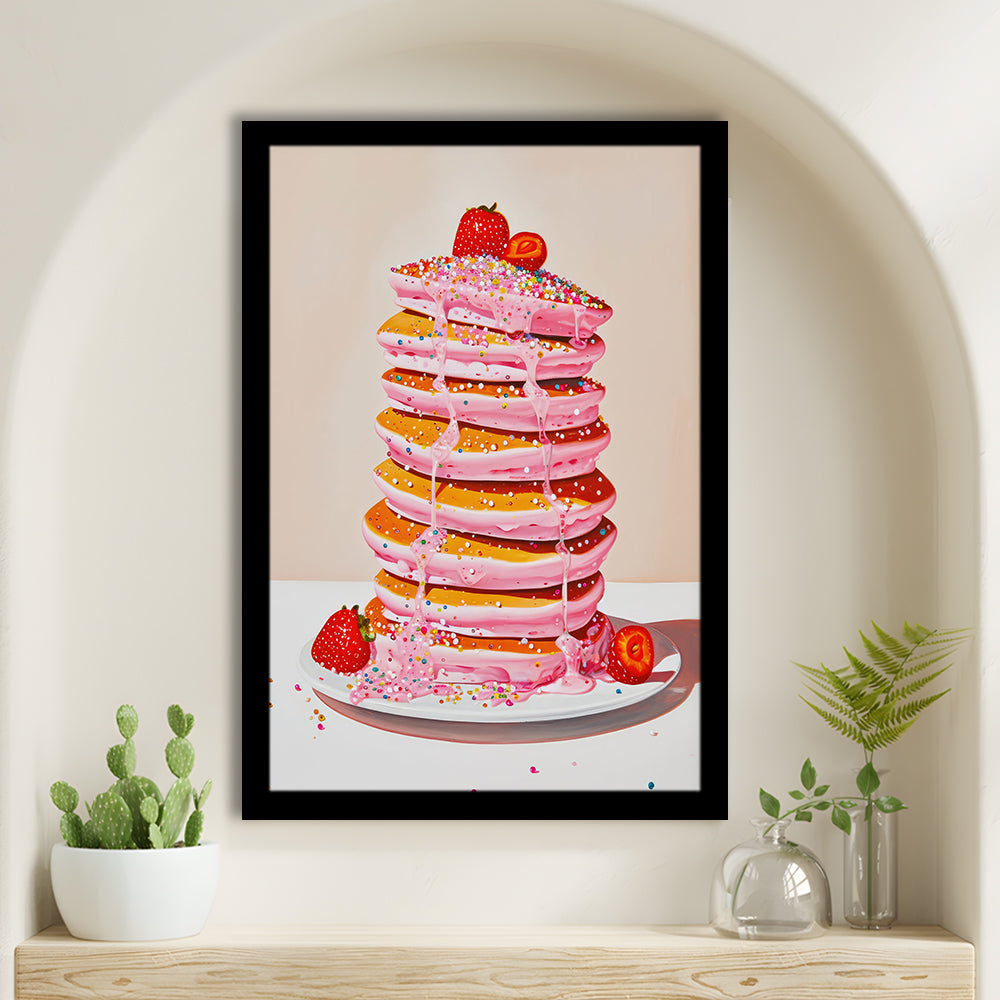 Pink Pancakes Art Print Vintage Retro Food Art Kitchen Art Strawberries Sprinkles , Framed Art Print Wall Decor, Picture Framed