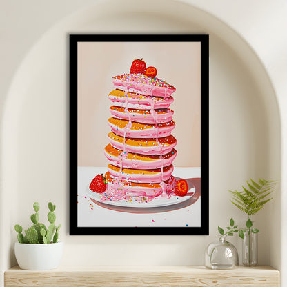 Pink Pancakes Art Print Vintage Retro Food Art Kitchen Art Strawberries Sprinkles , Framed Art Print Wall Decor, Picture Framed