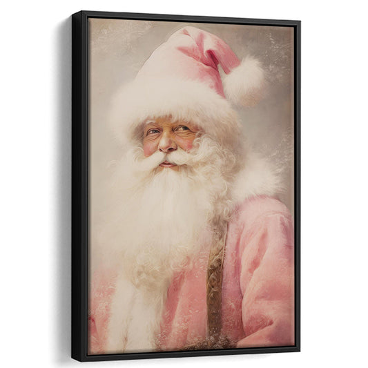 Pink Santa Claus Christmas Oil Painting Art Print Vintage Christmas Holiday Decor, Framed Canvas Print Wall Art, Floating Frame