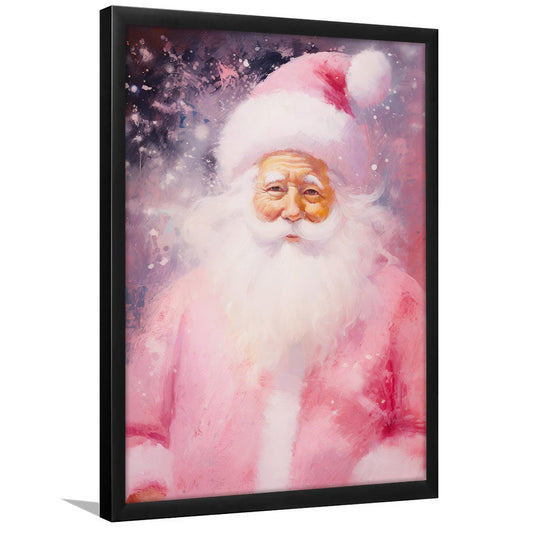 Pink Santa Claus Oil Painting Art Print Vintage Holiday Decor Pink Christmas, Framed Art Print Wall Decor, Picture Framed