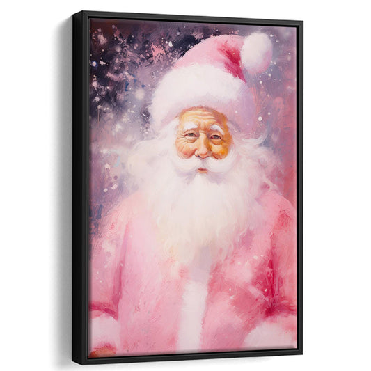 Pink Santa Claus Oil Painting Art Print Vintage Holiday Decor Pink Christmas, Framed Canvas Print Wall Art, Floating Frame