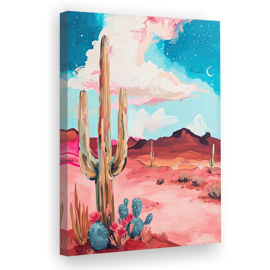Pink Western Desert Art Print Painting,Cactus,Moon,Vintage Desert, Canvas Print Wall Art, Wall Decor, Painting Canvas