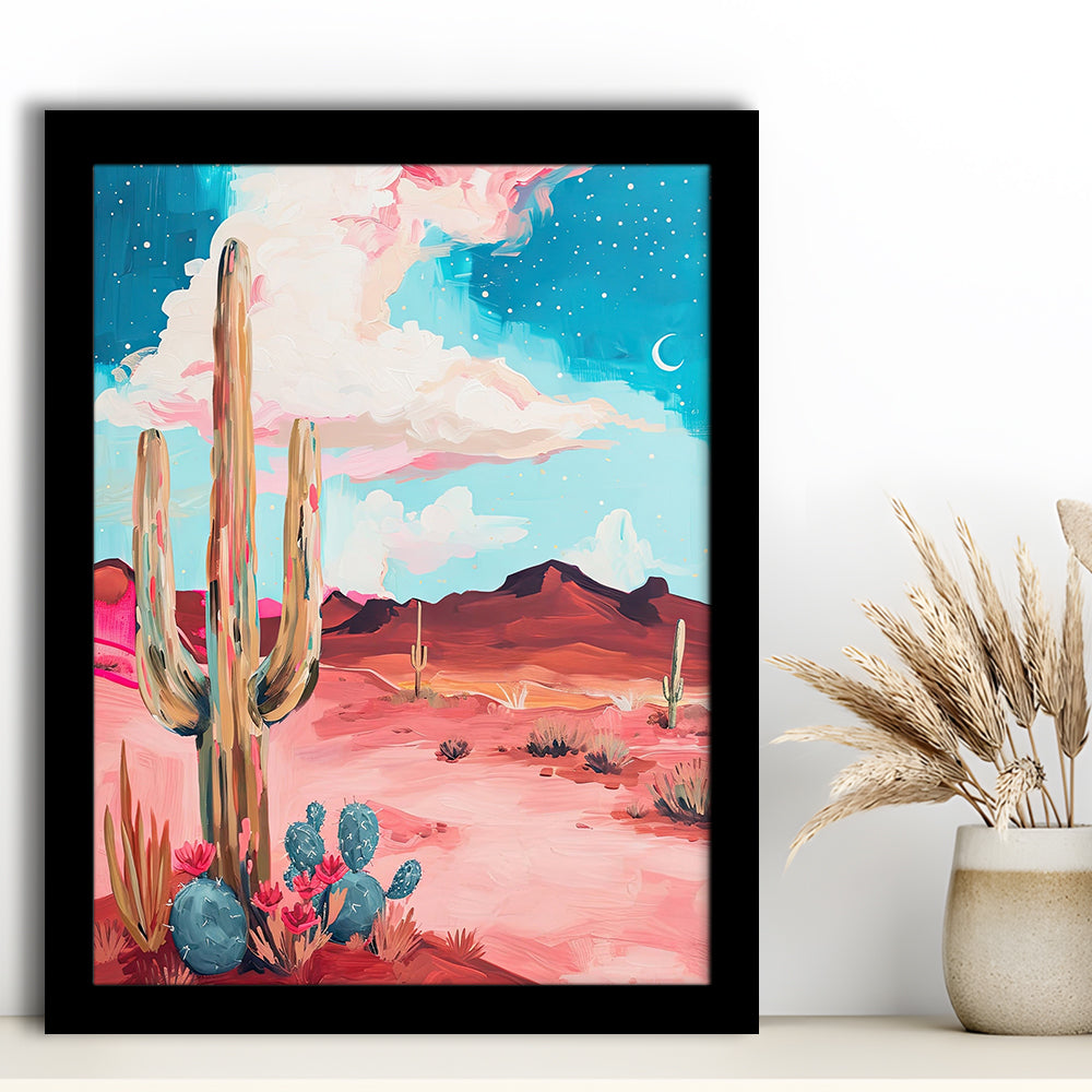 Pink Western Desert Art Print Painting,Cactus,Moon,Vintage Desert, Framed Art Print Wall Decor, Picture Framed