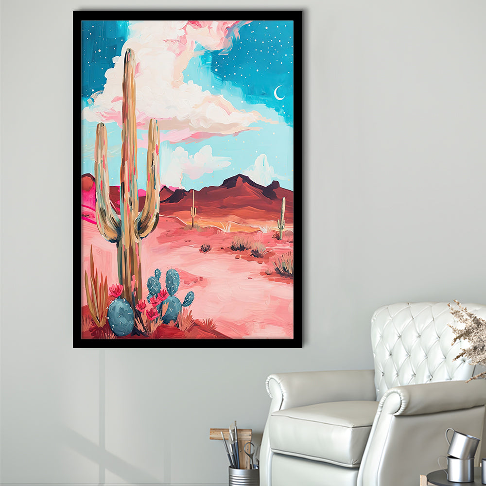 Pink Western Desert Art Print Painting,Cactus,Moon,Vintage Desert, Framed Art Print Wall Decor, Picture Framed