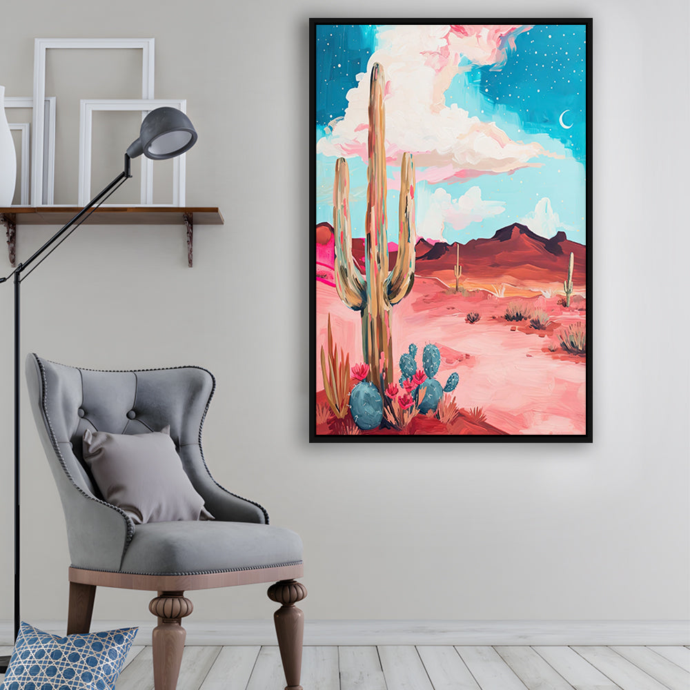 Pink Western Desert Art Print Painting,Cactus,Moon,Vintage Desert, Framed Canvas Print Wall Art, Floating Frame