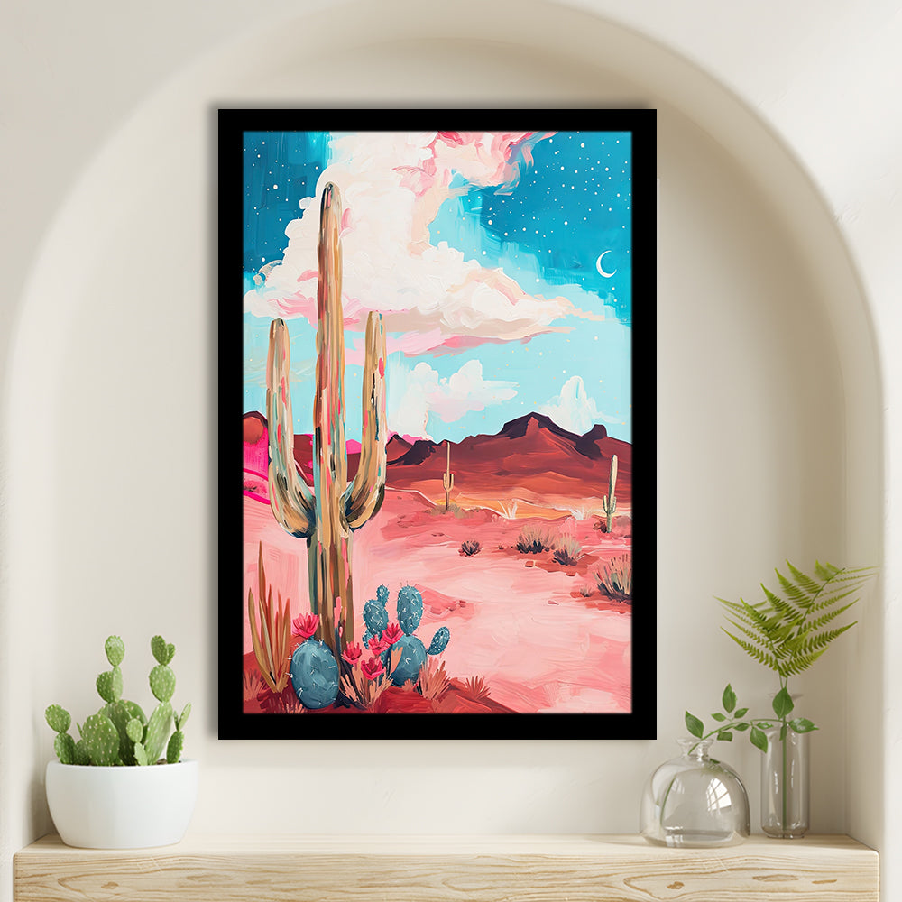 Pink Western Desert Art Print Painting,Cactus,Moon,Vintage Desert, Framed Art Print Wall Decor, Picture Framed