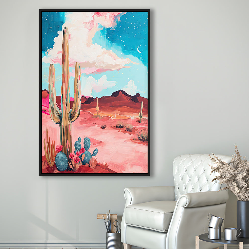 Pink Western Desert Art Print Painting,Cactus,Moon,Vintage Desert, Framed Canvas Print Wall Art, Floating Frame