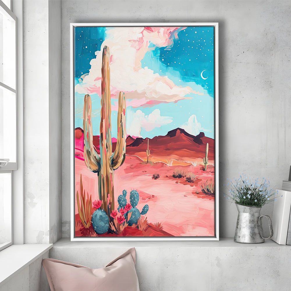 Pink Western Desert Art Print Painting,Cactus,Moon,Vintage Desert, Framed Canvas Print Wall Art, Floating Frame