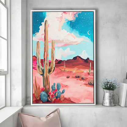 Pink Western Desert Art Print Painting,Cactus,Moon,Vintage Desert, Framed Canvas Print Wall Art, Floating Frame