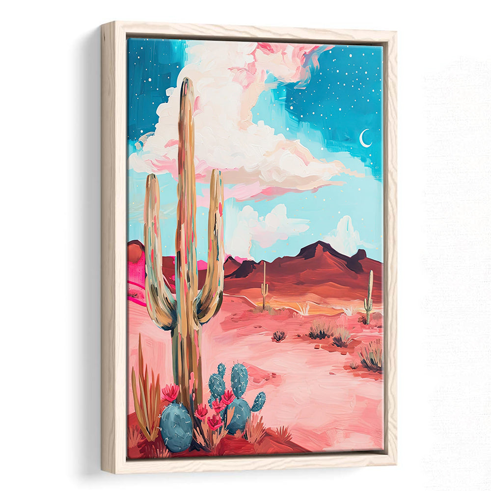 Pink Western Desert Art Print Painting,Cactus,Moon,Vintage Desert, Framed Canvas Print Wall Art, Floating Frame