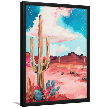 Pink Western Desert Art Print Painting,Cactus,Moon,Vintage Desert, Framed Art Print Wall Decor, Picture Framed