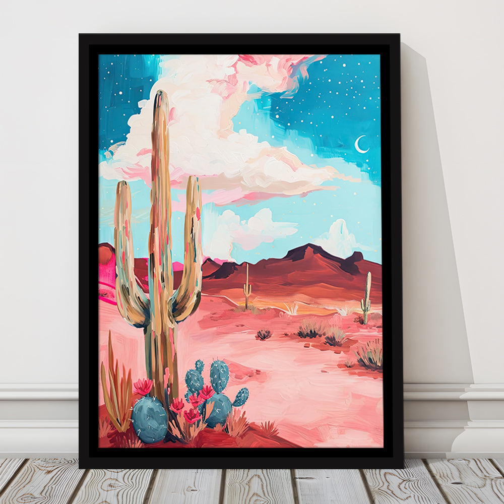 Pink Western Desert Art Print Painting,Cactus,Moon,Vintage Desert, Framed Canvas Print Wall Art, Floating Frame