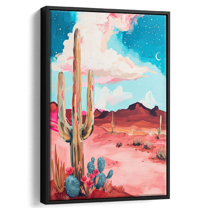 Pink Western Desert Art Print Painting,Cactus,Moon,Vintage Desert, Framed Canvas Print Wall Art, Floating Frame