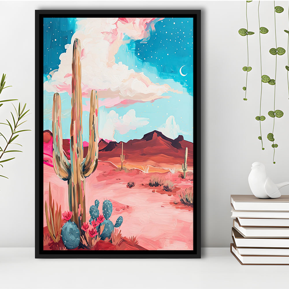 Pink Western Desert Art Print Painting,Cactus,Moon,Vintage Desert, Framed Canvas Print Wall Art, Floating Frame