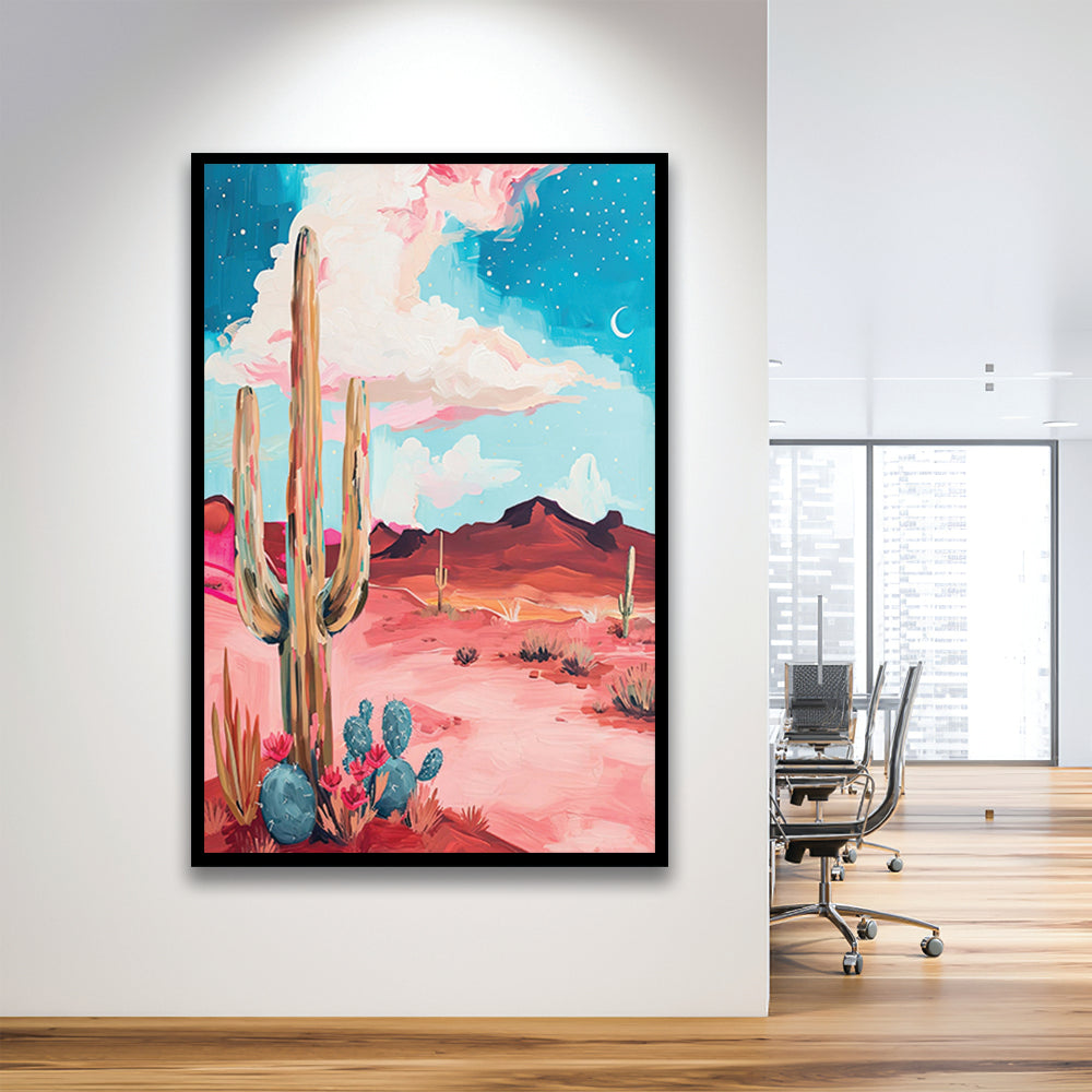 Pink Western Desert Art Print Painting,Cactus,Moon,Vintage Desert, Framed Art Print Wall Decor, Picture Framed