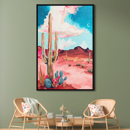 Pink Western Desert Art Print Painting,Cactus,Moon,Vintage Desert, Framed Canvas Print Wall Art, Floating Frame