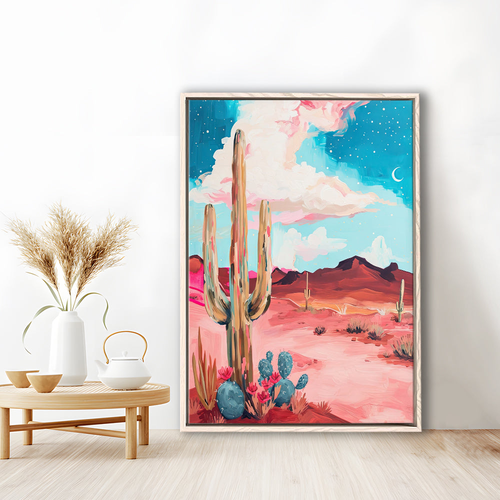 Pink Western Desert Art Print Painting,Cactus,Moon,Vintage Desert, Framed Canvas Print Wall Art, Floating Frame