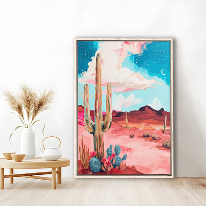 Pink Western Desert Art Print Painting,Cactus,Moon,Vintage Desert, Framed Canvas Print Wall Art, Floating Frame