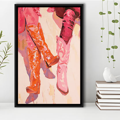 Pink & Orange Cowgirl Boots Art Print Western Decor Dorm Room, Framed Canvas Print Wall Art, Floating Frame