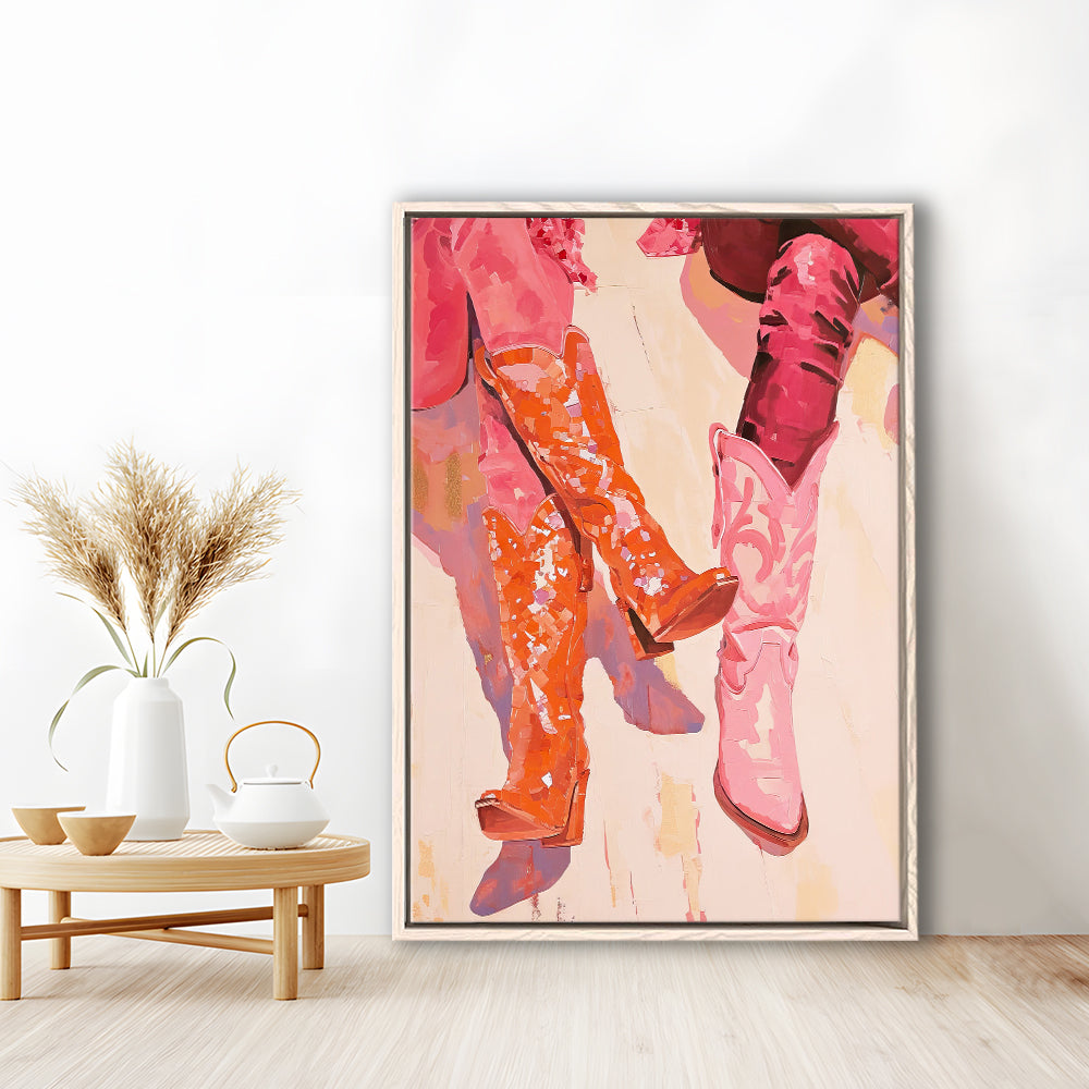 Pink & Orange Cowgirl Boots Art Print Western Decor Dorm Room, Framed Canvas Print Wall Art, Floating Frame