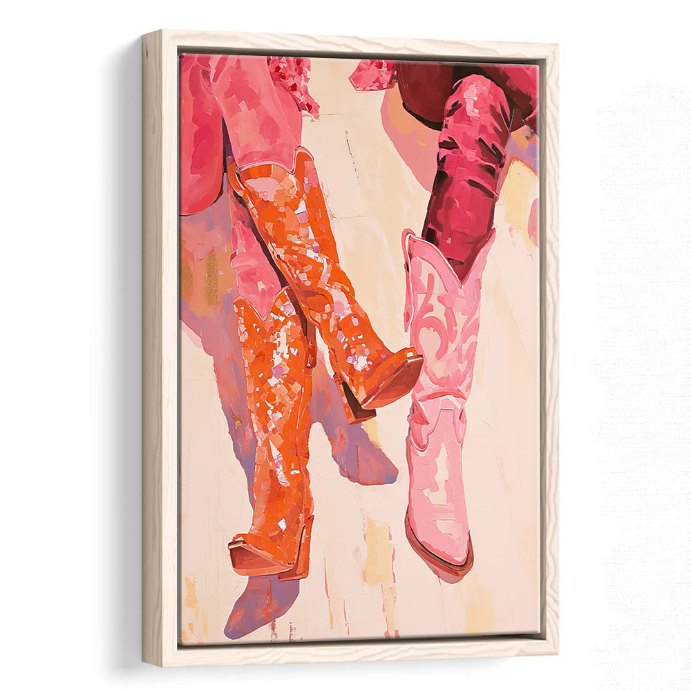 Pink & Orange Cowgirl Boots Art Print Western Decor Dorm Room, Framed Canvas Print Wall Art, Floating Frame