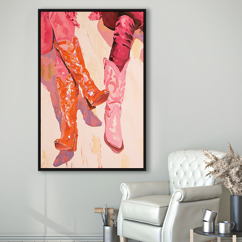 Pink & Orange Cowgirl Boots Art Print Western Decor Dorm Room, Framed Canvas Print Wall Art, Floating Frame