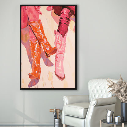 Pink & Orange Cowgirl Boots Art Print Western Decor Dorm Room, Framed Canvas Print Wall Art, Floating Frame