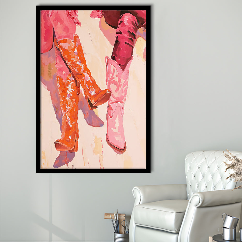 Pink & Orange Cowgirl Boots Art Print Western Decor Dorm Room, Framed Art Print Wall Decor, Picture Framed