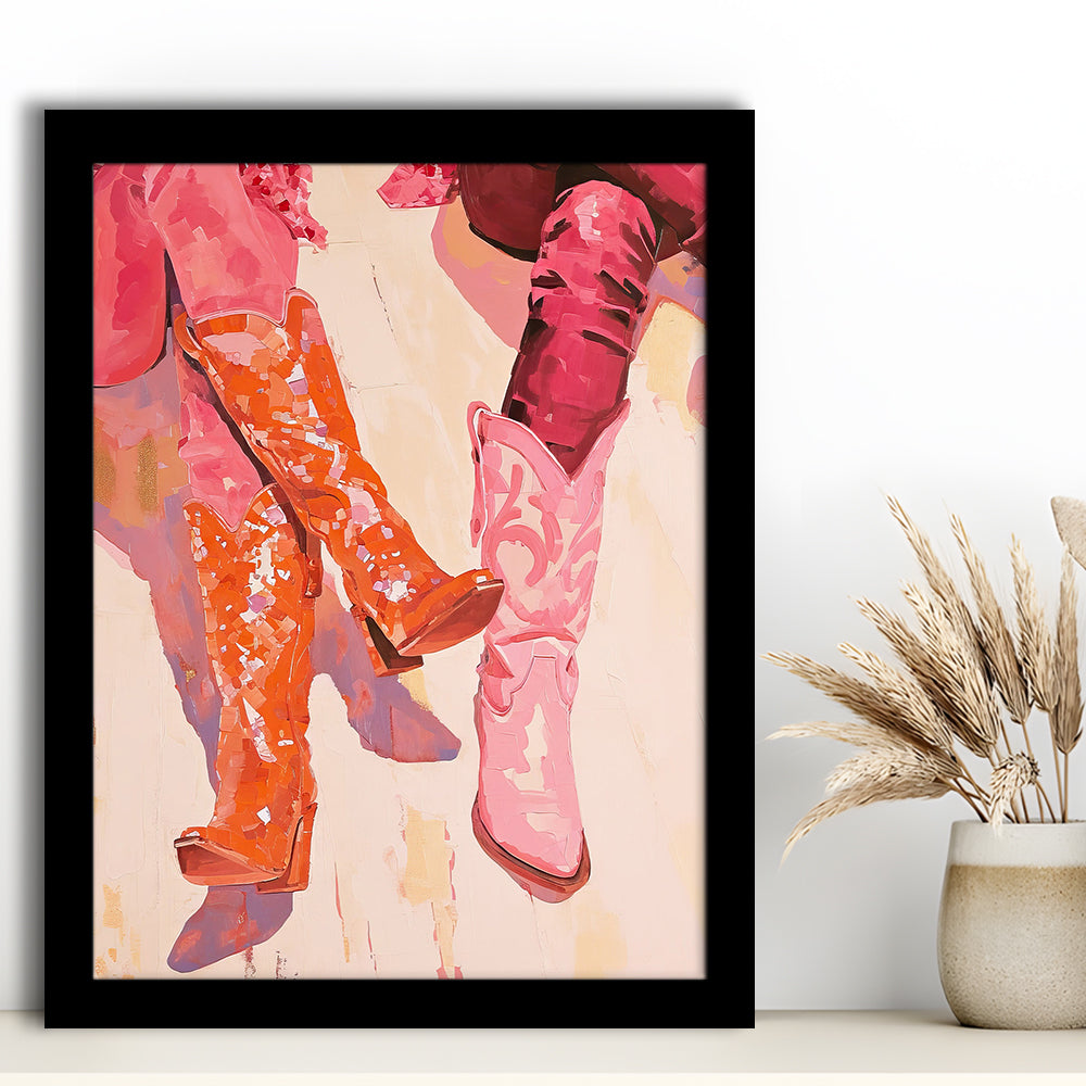 Pink & Orange Cowgirl Boots Art Print Western Decor Dorm Room, Framed Art Print Wall Decor, Picture Framed