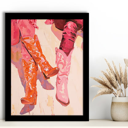 Pink & Orange Cowgirl Boots Art Print Western Decor Dorm Room, Framed Art Print Wall Decor, Picture Framed