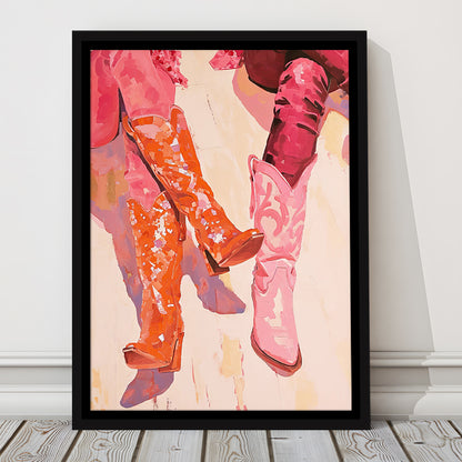 Pink & Orange Cowgirl Boots Art Print Western Decor Dorm Room, Framed Canvas Print Wall Art, Floating Frame