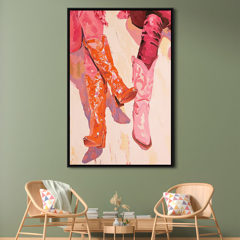 Pink & Orange Cowgirl Boots Art Print Western Decor Dorm Room, Framed Canvas Print Wall Art, Floating Frame