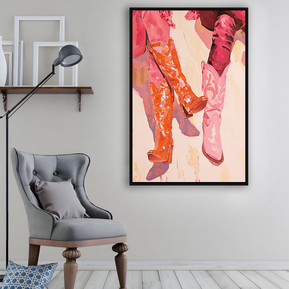 Pink & Orange Cowgirl Boots Art Print Western Decor Dorm Room, Framed Canvas Print Wall Art, Floating Frame