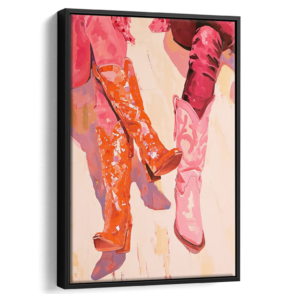 Pink & Orange Cowgirl Boots Art Print Western Decor Dorm Room, Framed Canvas Print Wall Art, Floating Frame