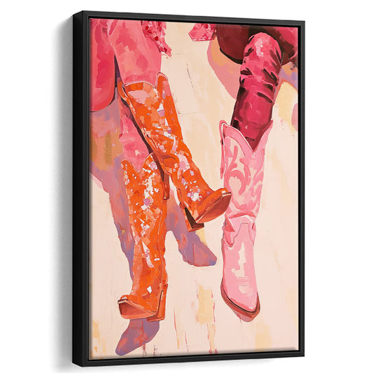 Pink & Orange Cowgirl Boots Art Print Western Decor Dorm Room, Framed Canvas Print Wall Art, Floating Frame
