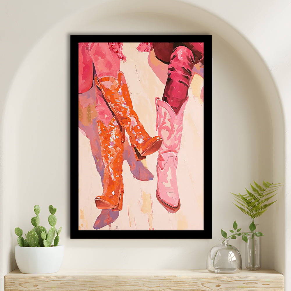 Pink & Orange Cowgirl Boots Art Print Western Decor Dorm Room, Framed Art Print Wall Decor, Picture Framed