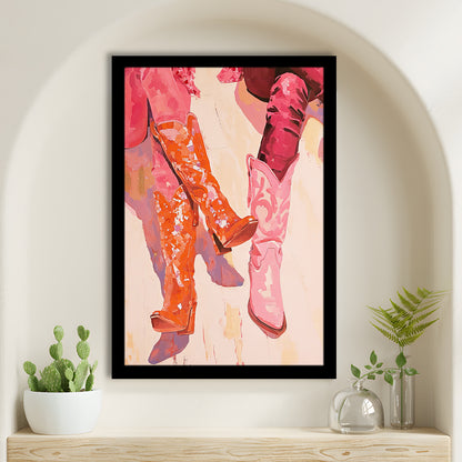 Pink & Orange Cowgirl Boots Art Print Western Decor Dorm Room, Framed Art Print Wall Decor, Picture Framed