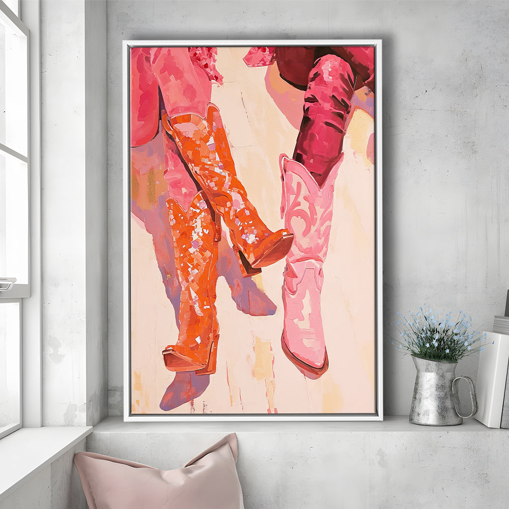 Pink & Orange Cowgirl Boots Art Print Western Decor Dorm Room, Framed Canvas Print Wall Art, Floating Frame