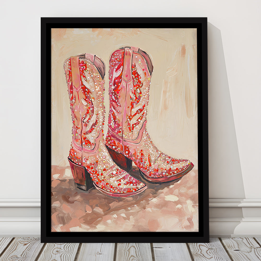 Pink & Red Cowgirl Boots Art Print Glam Western Decor Dorm Room, Framed Canvas Print Wall Art, Floating Frame