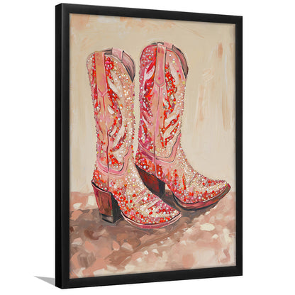 Pink & Red Cowgirl Boots Art Print Glam Western Decor Dorm Room, Framed Art Print Wall Decor, Picture Framed