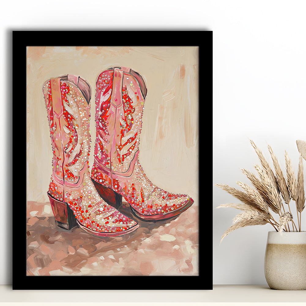 Pink & Red Cowgirl Boots Art Print Glam Western Decor Dorm Room, Framed Art Print Wall Decor, Picture Framed