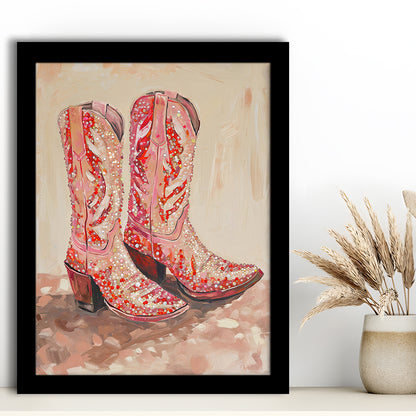 Pink & Red Cowgirl Boots Art Print Glam Western Decor Dorm Room, Framed Art Print Wall Decor, Picture Framed