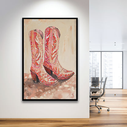 Pink & Red Cowgirl Boots Art Print Glam Western Decor Dorm Room, Framed Art Print Wall Decor, Picture Framed