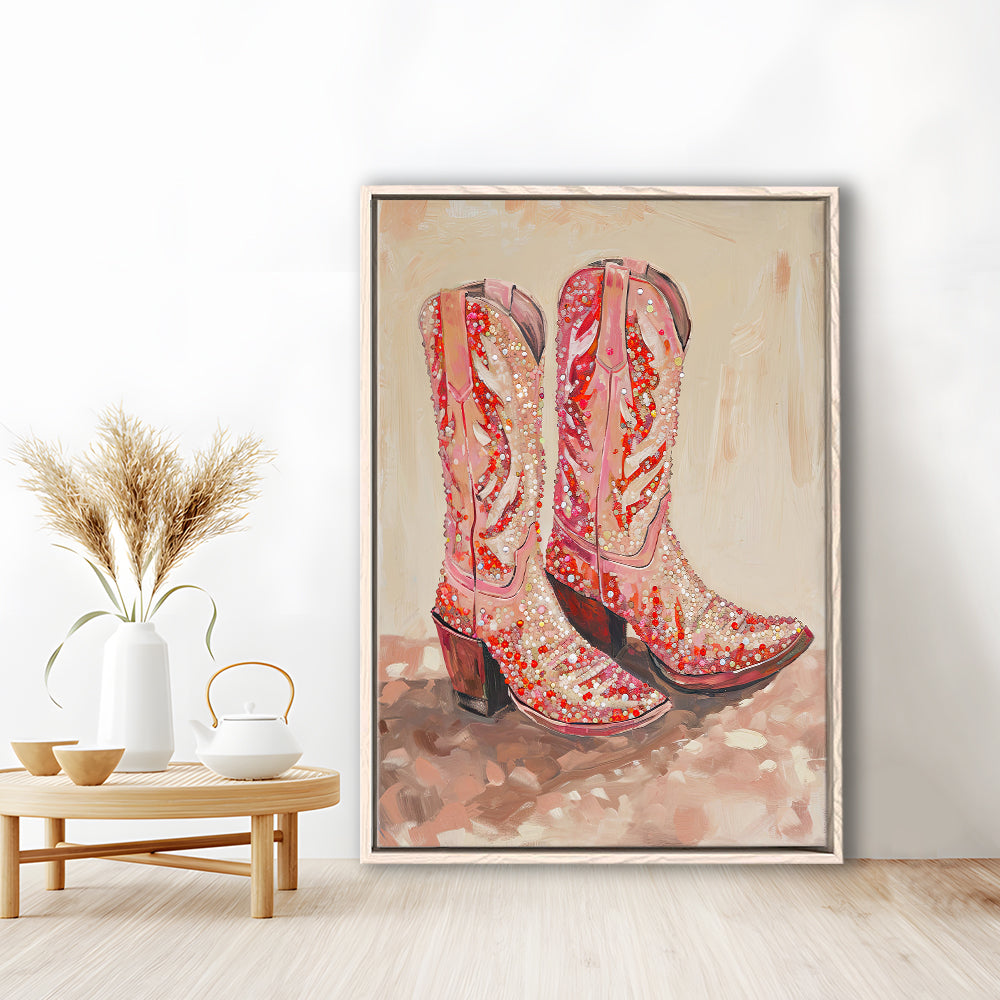 Pink & Red Cowgirl Boots Art Print Glam Western Decor Dorm Room, Framed Canvas Print Wall Art, Floating Frame
