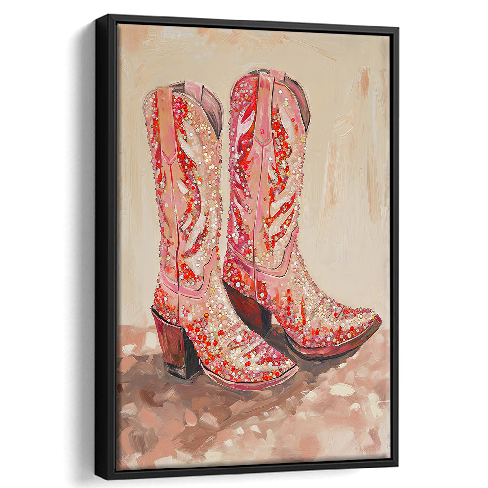 Pink & Red Cowgirl Boots Art Print Glam Western Decor Dorm Room, Framed Canvas Print Wall Art, Floating Frame
