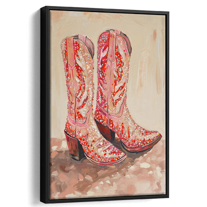 Pink & Red Cowgirl Boots Art Print Glam Western Decor Dorm Room, Framed Canvas Print Wall Art, Floating Frame