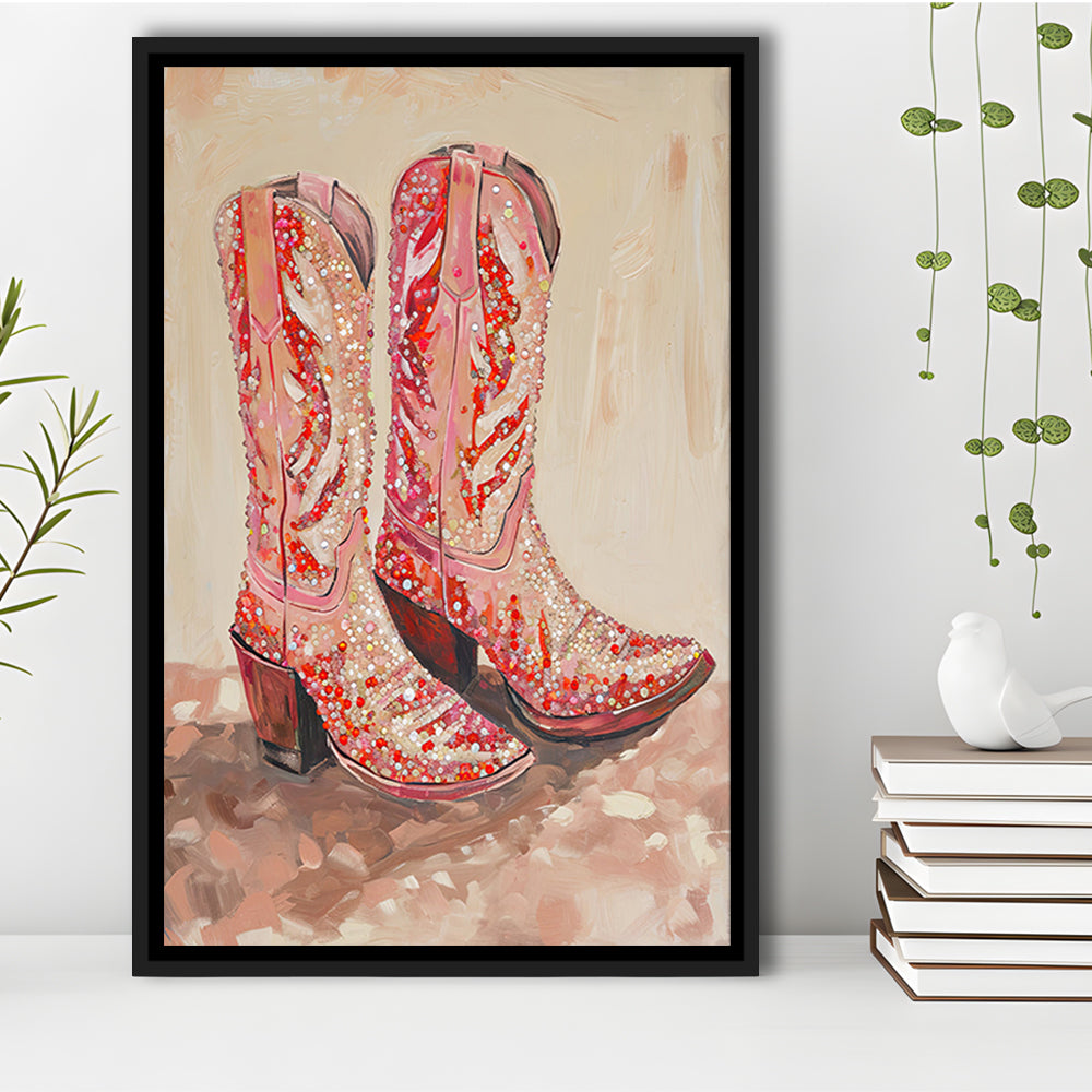 Pink & Red Cowgirl Boots Art Print Glam Western Decor Dorm Room, Framed Canvas Print Wall Art, Floating Frame