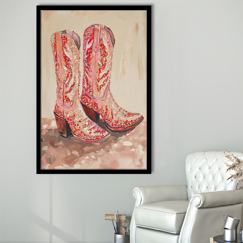 Pink & Red Cowgirl Boots Art Print Glam Western Decor Dorm Room, Framed Art Print Wall Decor, Picture Framed